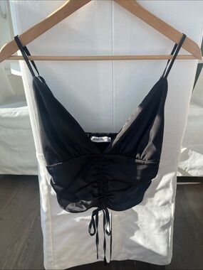 Satin Ruched Drawstring Cami Top - Black